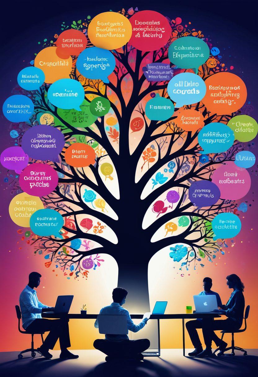 A vibrant digital landscape where diverse bloggers passionately connect, surrounded by colorful thought bubbles representing creative ideas and tools. A tree of knowledge flourishing with leaves made of words and symbols, embodying community growth. Showcase hands typing on a laptop with ethereal glowing lines linking to a network of engaged readers. Elements of art supplies scattered around, symbolizing creativity. super-realistic. vibrant colors. 3D.