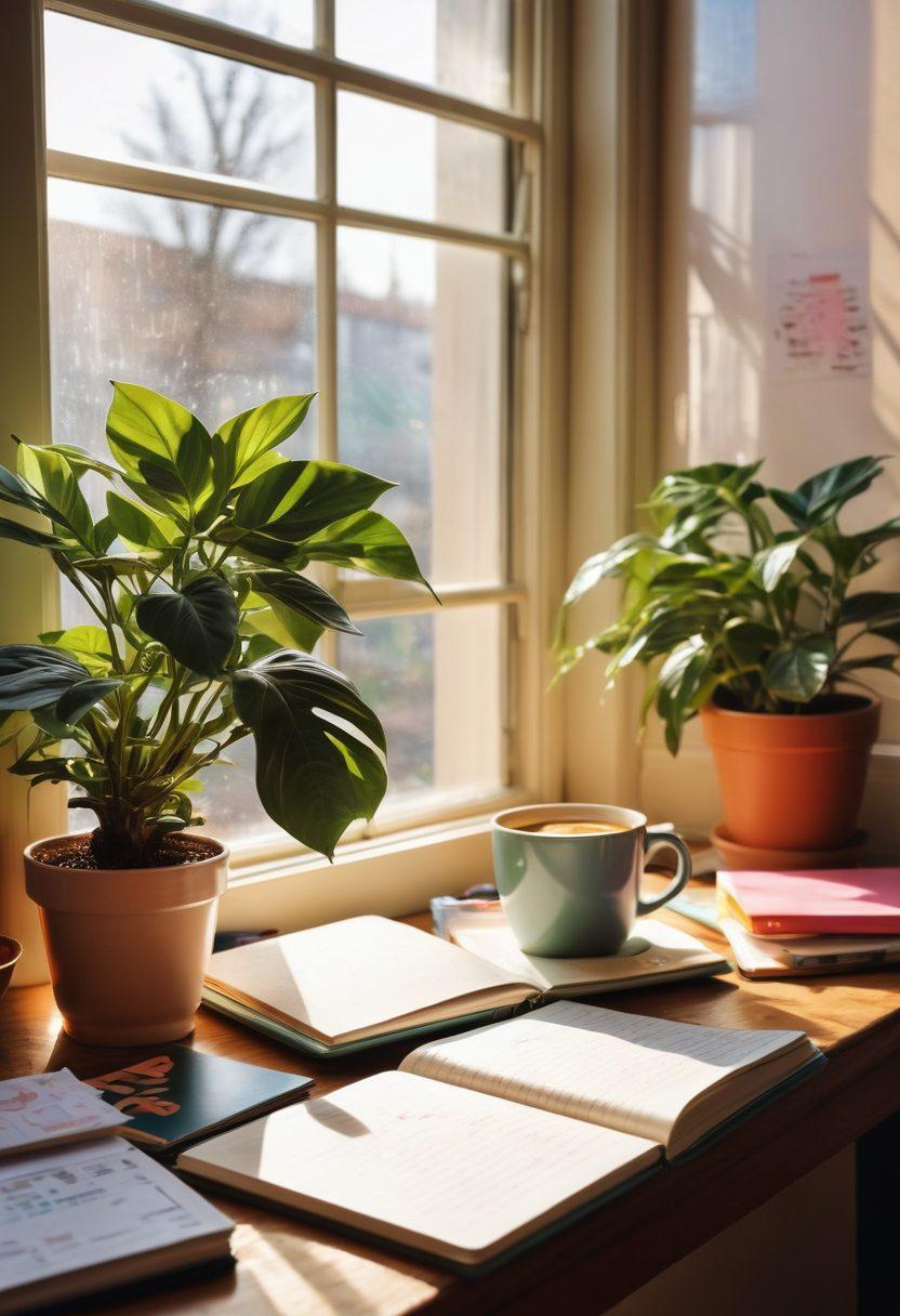A cozy workspace featuring a laptop surrounded by colorful notebooks and stationery, with an inspiring wall of photographs and quotes about writing and connection. A steaming cup of coffee sits beside a potted plant, capturing the essence of creativity and passion. Soft sunlight filters through a window, casting gentle shadows to enhance the warm atmosphere. artistic, vibrant colors, soft lighting.