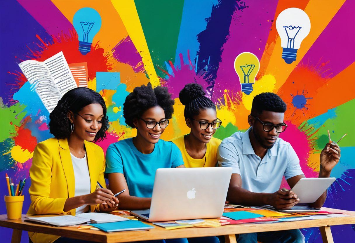 A colorful digital collage showcasing diverse people engaging in creative activities like painting, writing, and discussing ideas over a laptop in a virtual setting. Incorporate elements that represent knowledge sharing, like books, light bulbs, and social media icons. The background should be dynamic with splashes of paint and lively patterns, symbolizing vibrancy and community. super-realistic. vibrant colors. 3D.